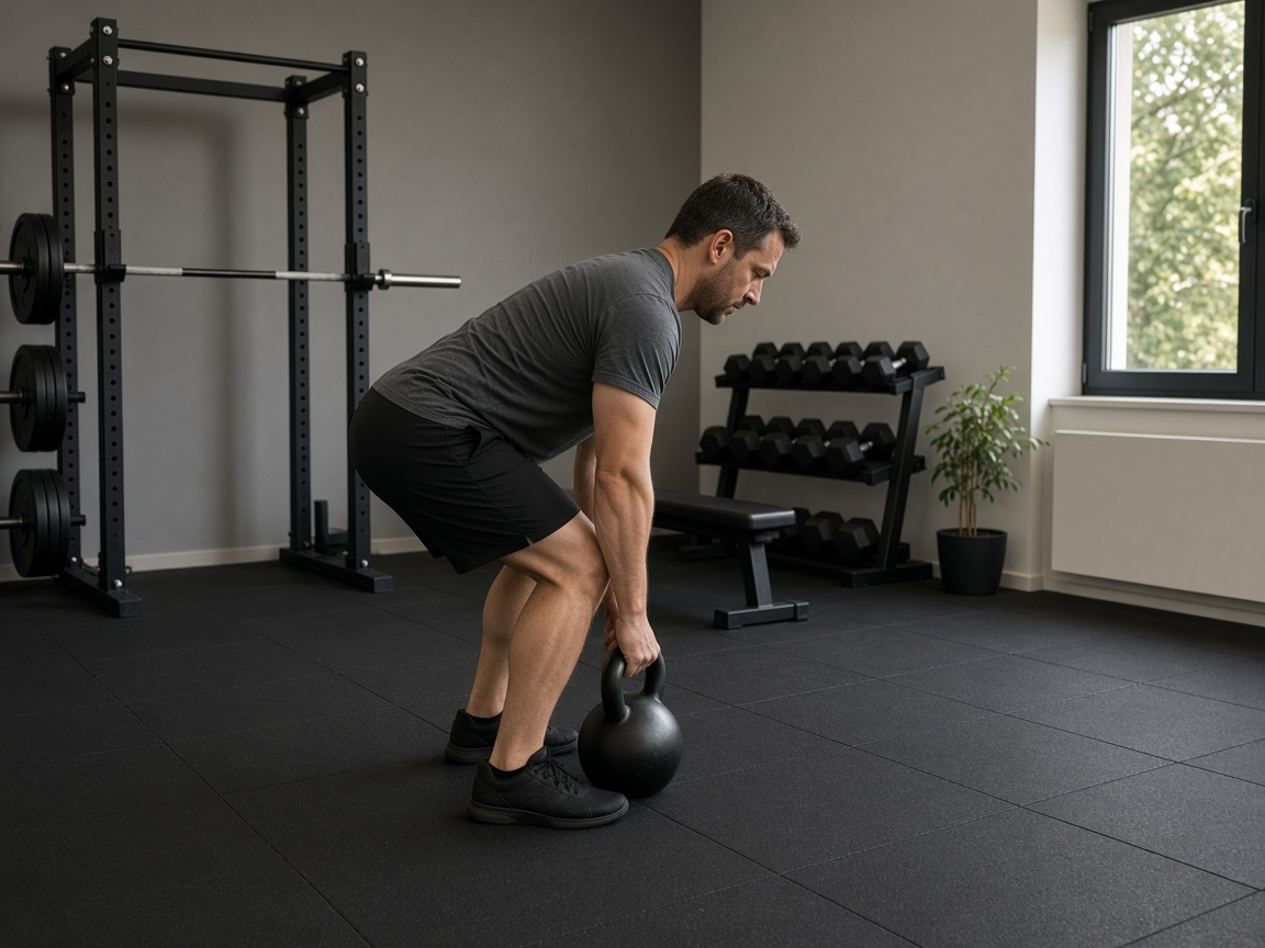 Member hinging to pick up a kettlebell on the gym floor